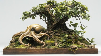 Fototapeta premium Dynamic octopus interacting with lush tree in nature sculpture serene environment artistic viewpoint