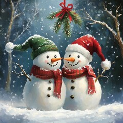 Snowmen in festive hats with scarves embrace under mistletoe in a snowy forest setting during winter