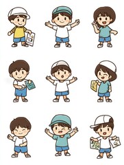 Cute Korean Style Kid Icons with Thick Line Stroke on White Background. Simple Lines and Flat Illustration for Children.