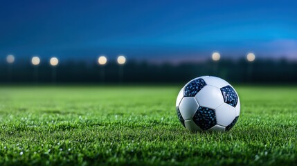 Naklejka premium Close-Up View of Soccer Ball on Green Grass Field Under Evening Sky with Soft Background Lights