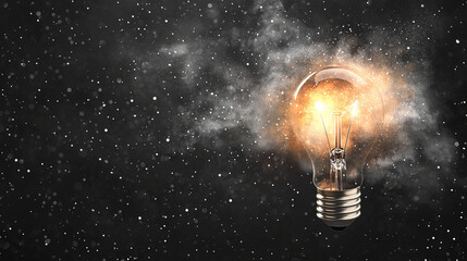 Illuminated light bulb with glowing particles in a dark atmospheric background