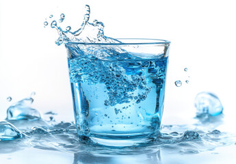 A clear glass filled with blue liquid splashes water, creating dynamic waves and bubbles. The bright colors and motion emphasize the refreshing nature of the drink.