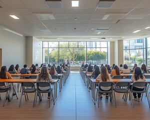 Students attentively listening to a lecture in a modern classroom with large windows.