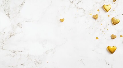 Marble background with golden hearts, White and gold aesthetic, Elegant marble texture