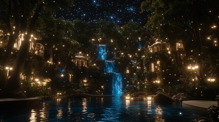 Fototapeta premium Enchanted Waterfall Oasis Nighttime Fantasy Landscape