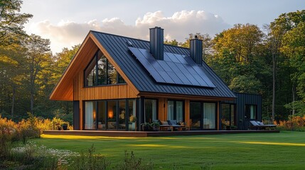 Sustainable Smart Home with Solar Panels Lit by Morning Sun