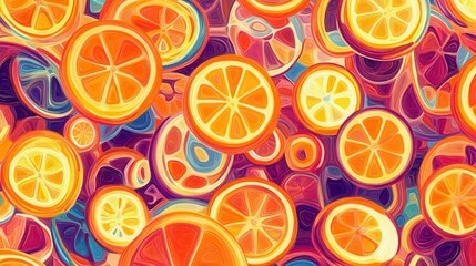 A Colorful Abstract Citrus Fruit Design. Vibrant orange and lemon slices in a digital painting style.  A perfect art piece for a kitchen or dining room.