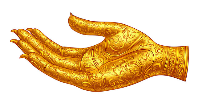 A golden, intricately designed hand, symbolizing gesture and artistry.