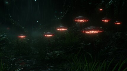 Fototapeta premium Enchanting Bioluminescent Fungi Forest Rain