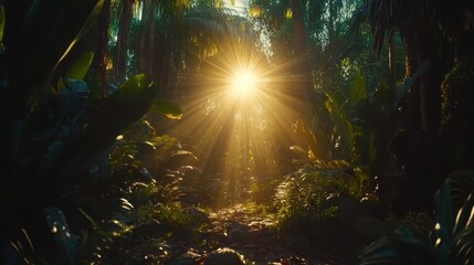 Obraz premium Sunlight breaking through lush jungle nature scene tropical forest serene environment vibrant viewpoint
