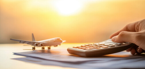 Hand holding calculator next to airplane model and documents, symbolizing travel planning and budgeting