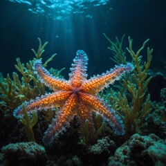 A translucent starfish glowing faintly, surrounded by glowing underwater plants.