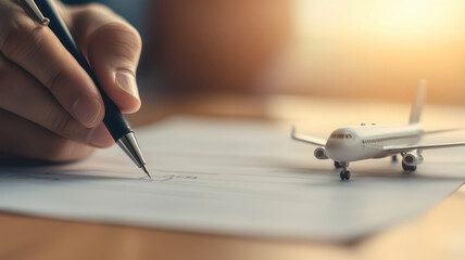 hand marking airplane insurance forms with pen beside model airplane