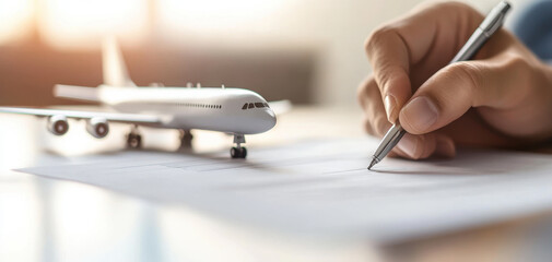 person is signing airplane insurance document with model airplane nearby, reflecting sense of responsibility and planning