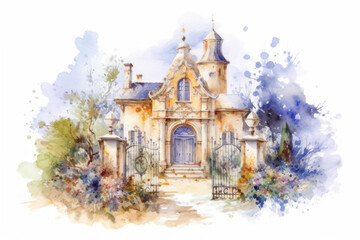 Fototapeta premium watercolor image of an old mansion with an arched entrance and decorative elements on the facade. 