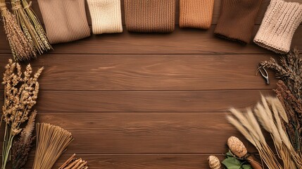 Naklejka premium Outdoor adventures and camping promote sustainability. Textiles arranged in a circular pattern on wooden background.