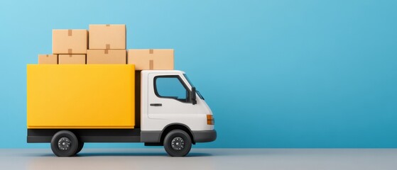 Delivery truck with colorful boxes on top against blue wall background in minimalistic studio setting