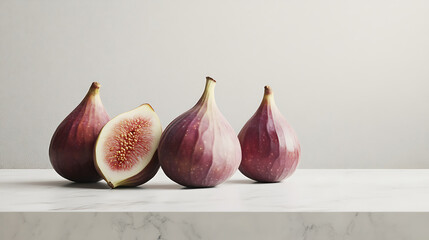 Three figs and a halved fig on a marble surface, showcasing fresh fruit.