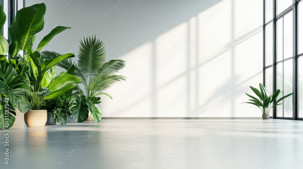 Aufkleber Sunlight streams through a large window, illuminating potted plants in a modern minimalist interior, creating a tranquil and eco conscious atmosphere