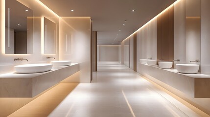 Modern luxury bathroom features minimalist design with white vessel sinks, floating vanity, and LED backlit mirror. Marble countertops and beige tiles create elegant atmosphere in commercial setting.