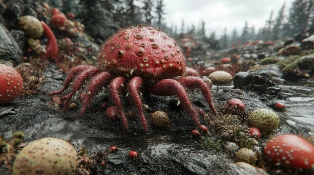 Vibrant red sea creature exploration enchanted forest 3d render mystical environment close-up perspective