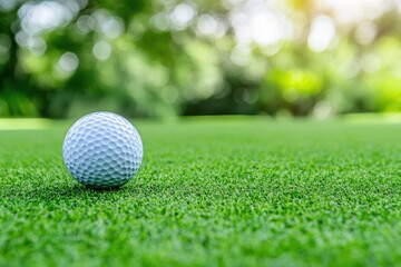 Naklejka premium Golf Ball on Green: A pristine white golf ball sits on a lush green putting green, ready for the next shot. The image evokes a sense of calm, focus, and the anticipation of a well-placed swing. 