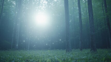 Obraz premium Enchanting Firefly Forest Night Scene With Bright Lights