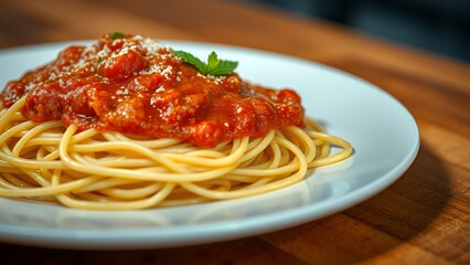 A close-up of spaghetti served with rich tomato sauce, garnished with fresh basil and Parmesan, presented on a white plate on a wooden table. AI-generated content.