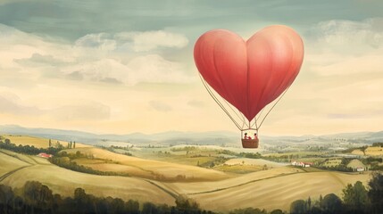 Fototapeta premium Heart Hot Air Balloon, Countryside Landscape, Romantic Flight, Scenic View