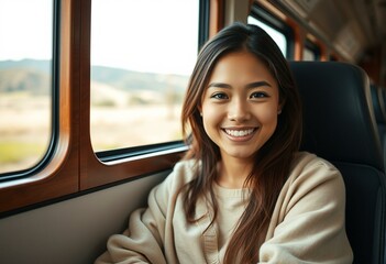 Young woman in a train carriage with soft natural light
