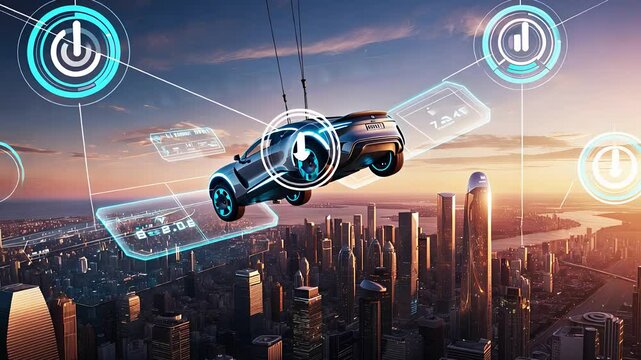 Futuristic Flying Car Above a Modern City Skyline with Digital Interface Elements and Holographic Icons

