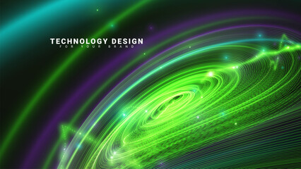 Futuristic technology background with dynamic green light paths forming a circular wave pattern creating animation and energy and abstraction.
