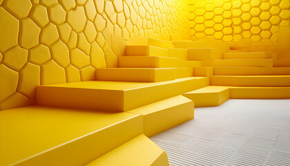 Abstract yellow honeycomb structure with geometric steps, modern architecture, vibrant color, 3D rendering.