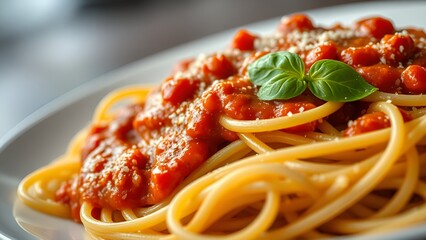 A close-up of spaghetti topped with vibrant tomato sauce, garnished with fresh basil leaves and Parmesan cheese, served on a white plate. AI-generated content.