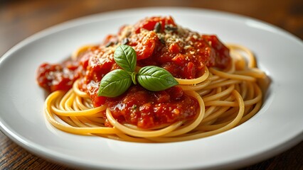 A delicious plate of spaghetti topped with rich tomato sauce, fresh basil leaves, and a sprinkle of Parmesan cheese, served on a white dish. AI-generated content.