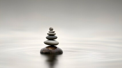 A serene image of a balanced stack of smooth stones on a single rock, surrounded by gentle ripples on calm water, symbolizing tranquility and mindfulness. AI-generated content.