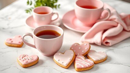A delightful tea setup featuring pink cups, saucers, and heart-shaped cookies with icing, arranged on a marble table with natural light. AI-generated content.