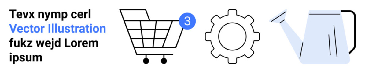 Shopping cart with notification, gear icon, and watering can. Ideal for e-commerce, gardening, notifications, app UI, settings, tools, and automation themes. Landing page