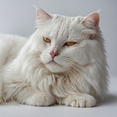 A serene snow-white cat with long fur and closed eyes, lying contentedly on a white background.