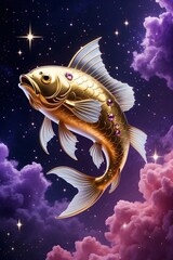 Golden Fish Swimming in a Starry Nebula. A magical shimmering gold fish against a backdrop of colorful space clouds.Dreamlike Goldfish in a Starry Galaxy,Celestial with Sparkling Stars.