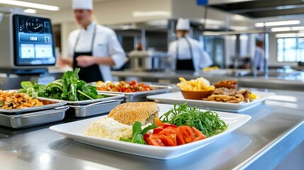 Obraz premium food safety hygiene monitoring. A bustling kitchen scene featuring chefs preparing meals, with various dishes and ingredients displayed on a countertop.