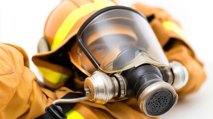 Firefighter in protective gear responding to emergency situation urban environment close-up perspective