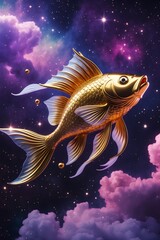 Golden Fish Swimming in a Starry Nebula. A magical shimmering gold fish against a backdrop of colorful space clouds.Dreamlike Goldfish in a Starry Galaxy,Celestial with Sparkling Stars.