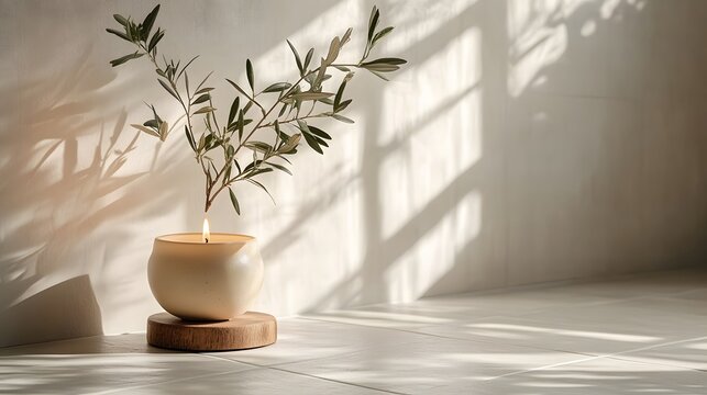 Minimalist white ceramic tile wall complements wooden-based scented candle and ceramic vase with olive branches, creating peaceful Scandinavian-inspired interior atmosphere.