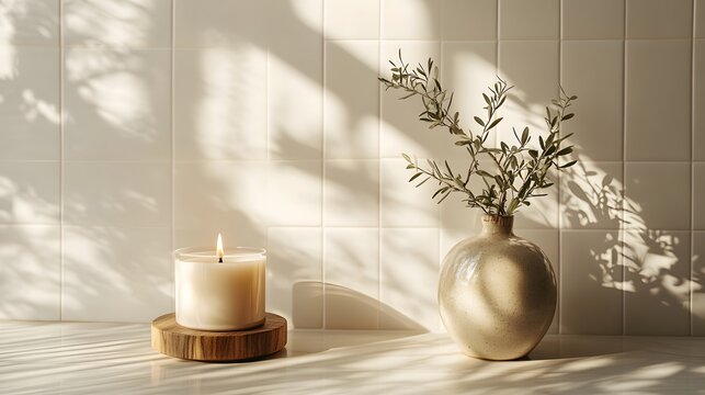 Minimalist white ceramic tile wall complements wooden-based scented candle and ceramic vase with olive branches, creating peaceful Scandinavian-inspired interior atmosphere.