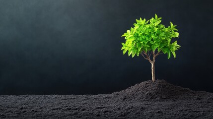 Lush Green Tree Growing from Dark Soil with Smoky Background Symbolizing Growth and Nature's Resilience