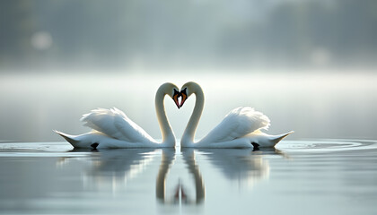 Swans Love Heart Shape Lake Misty Dawn -  Minimalist photography
