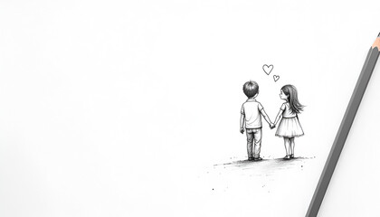 Sweet Couple Pencil Sketch, Romantic Love - Minimalist illustrations