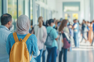 Many people stand in line, public crowd generative AI