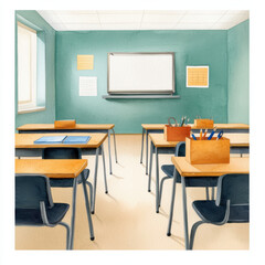 Classroom with desks, chairs, and supplies in bright setting